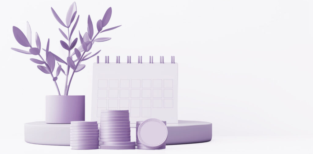 planta, monedas y calendario